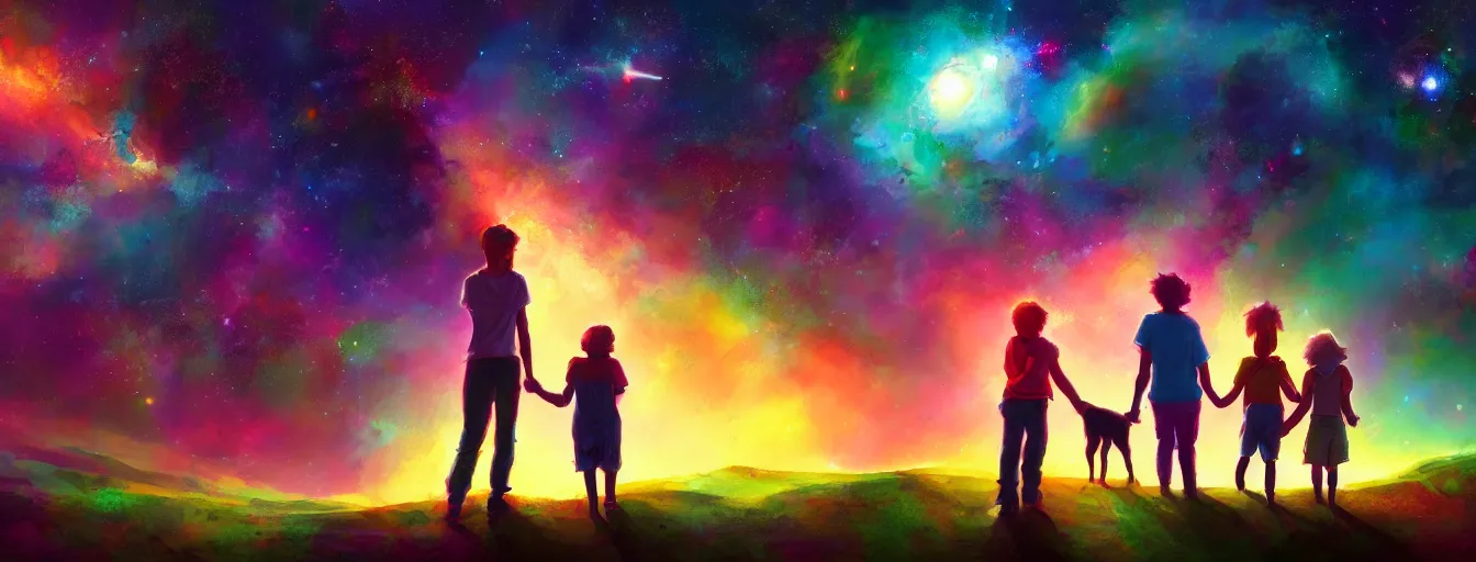 Prompt: rear view of a young couple and a kid holding hands, with a dog sitting next to them in a small green planet looking to the night sky displaying an entire colorful universe, digital art, epic, colorful, highly detailed, by ross tran, artstation