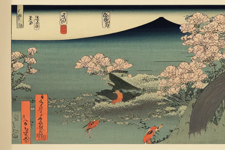 Prompt: a masterpiece ukiyo - e painting of a scene with irises and birds by katsushika hokusai, utagawa kuniyoshi and utagawa hiroshige, hyperdetailed, intricate, complex, 4 k
