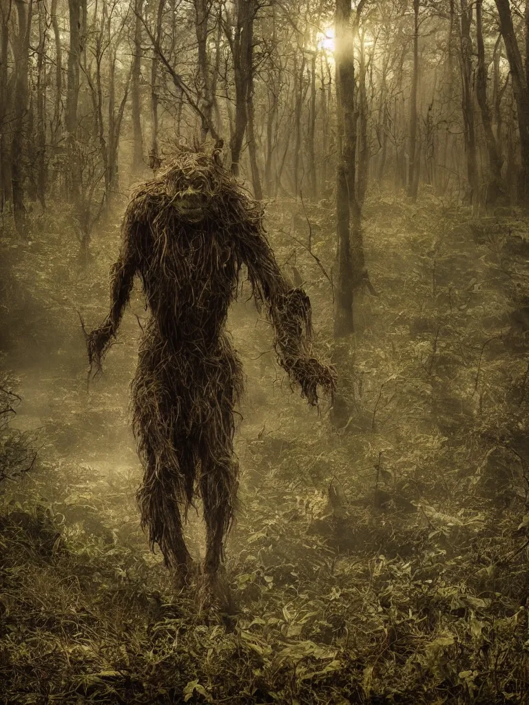 Image similar to a portrait of a swamp monster in a wooded bog at night, cinematic, wildlife photography, moody lighting, volumetric light