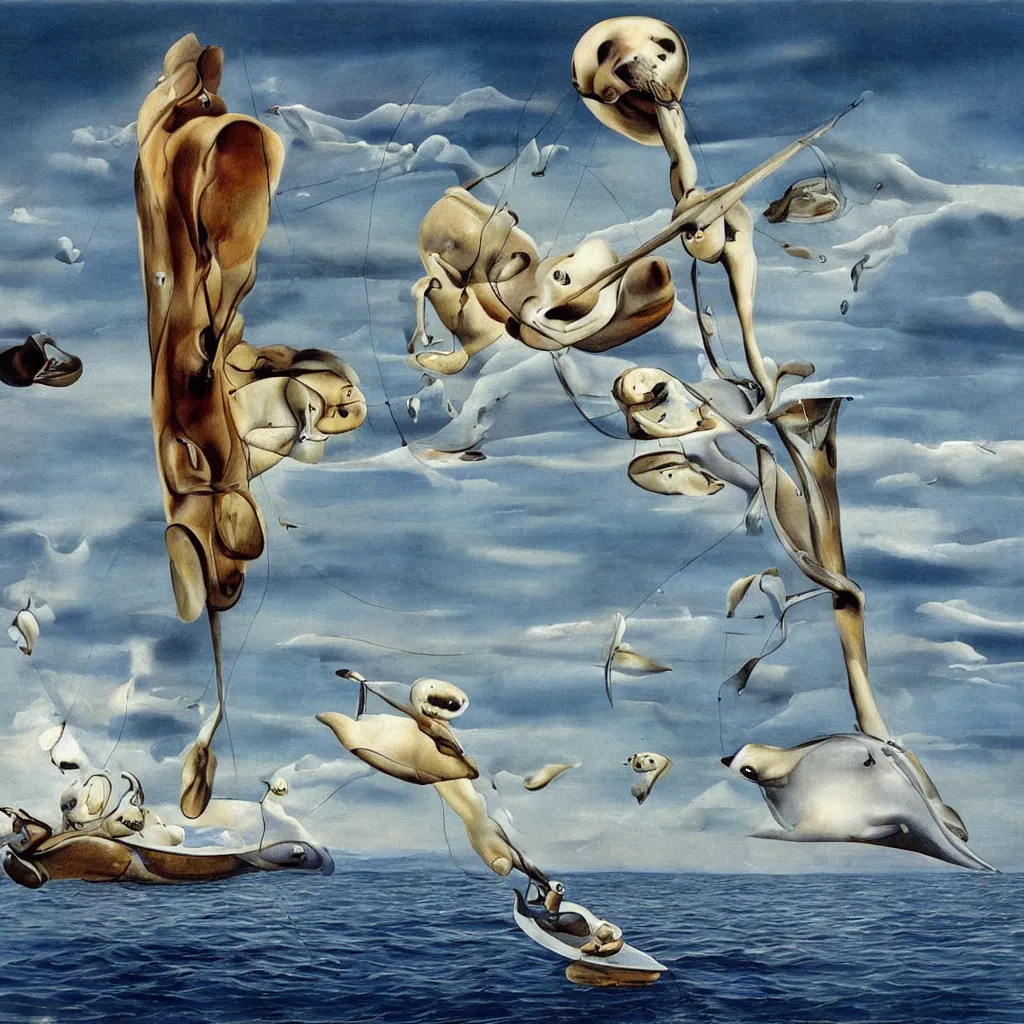 Image similar to baby harp seal sailing a trimaran, painting by salvador dali, surrealism