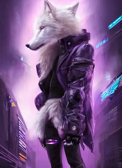 Image similar to award winning beautiful portrait commission of a male furry anthro albino wolf fursona with a tail and a cute beautiful attractive detailed furry face wearing stylish black, purple and yellow cyberpunk biker clothes riding a futuretech motorcycle in a cyberpunk city at night while it rains. Character design by charlie bowater, ross tran, artgerm, and makoto shinkai, detailed, inked, western comic book art