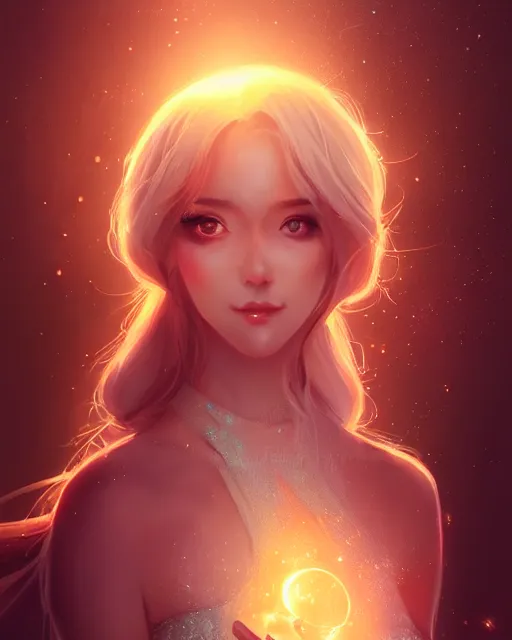 Prompt: Portrait of an elegant woman in a warm glowing scenery, sunset, fantasy, anime, intricate sparkling atmosphere, artstation, wlop, artgerm