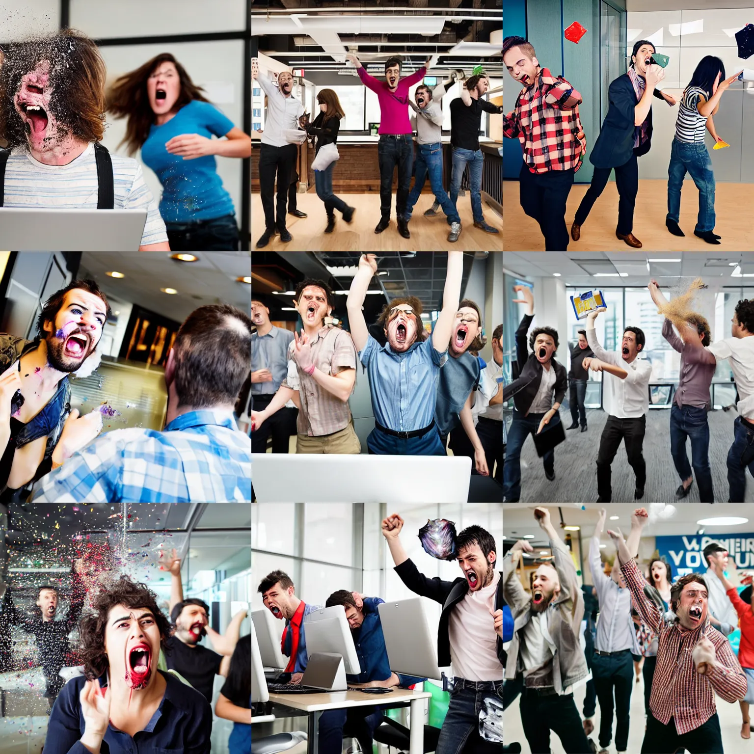 Prompt: unhappy advertising people throwing computers, screaming yelling, smashing things in their wework office. high resolution color magazine candid photograph.