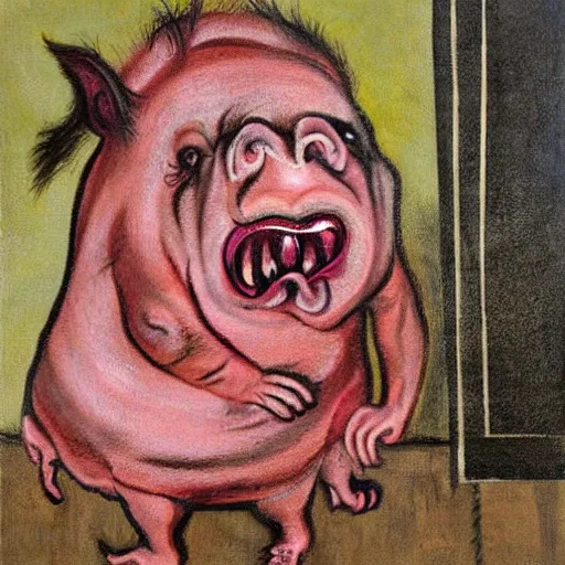 Image similar to a screaming pig wearing a robe painted by francis bacon