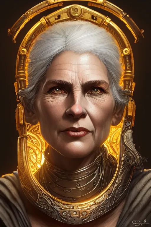 Prompt: portrait of a middle aged grey haired woman in the style of god of war, golden machine parts, intricate, elegant, highly detailed, digital painting, artstation, concept art, smooth, sharp focus, illustration, art by artgerm and greg rutkowski and alphonse mucha, 8 k