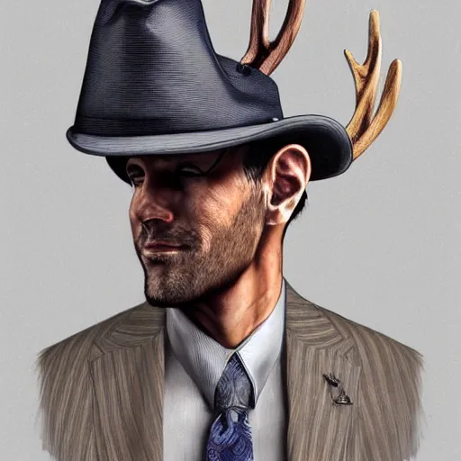 Image similar to a upper body portrait of a deer in a pinstriped suit and pants wearing a fedora with the antlers sticking out of the fedora by artgerm and wlop, human hands adjusting the tie, intricate detail, digital art, photorealistic, trending on artstation