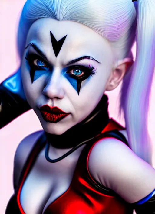 Image similar to photo of kerli koiv as harley quinn in the style of stefan kostic, realistic, half body shot, sharp focus, 8 k high definition, insanely detailed, intricate, elegant, art by stanley lau and artgerm, foggy backgeound