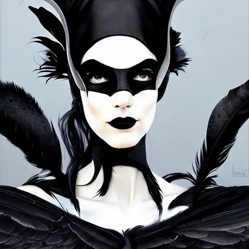 Image similar to portrait soft light, goth woman as mysterious supervillain and and black veil and modestly clothed victorian goth, black feathers instead of hair, black wings instead of arms, gray mottled skin, black feathers growing out of skin, transforming, by frank mccarthy and conrad roset, inspired by flash gordon, paintbrush, rough paper, fine,