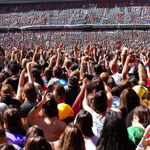 Prompt: rbd band playing on stage in estadio azteca, photograph, widelens, highly detailed, crowded audience, noon, sunlight