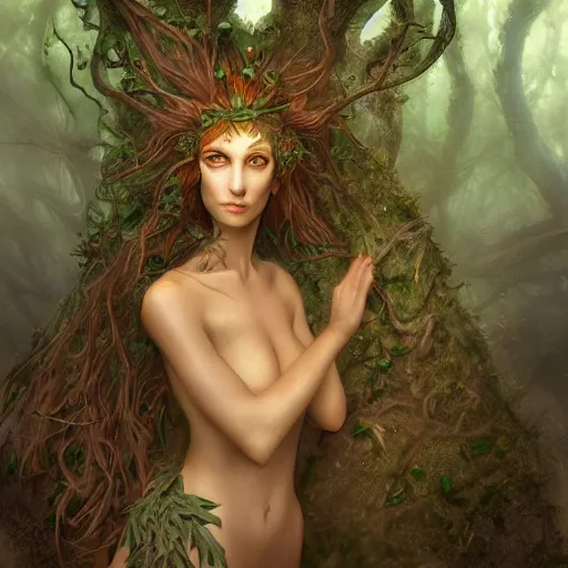 Prompt: cinematic portrait of a dryad priestess, by brian froud, inspired by dungeons and dragons, mysterious, in an evening autumn forest, trending on art station, sunset evening lighting, ominous shadows by jessica rossier