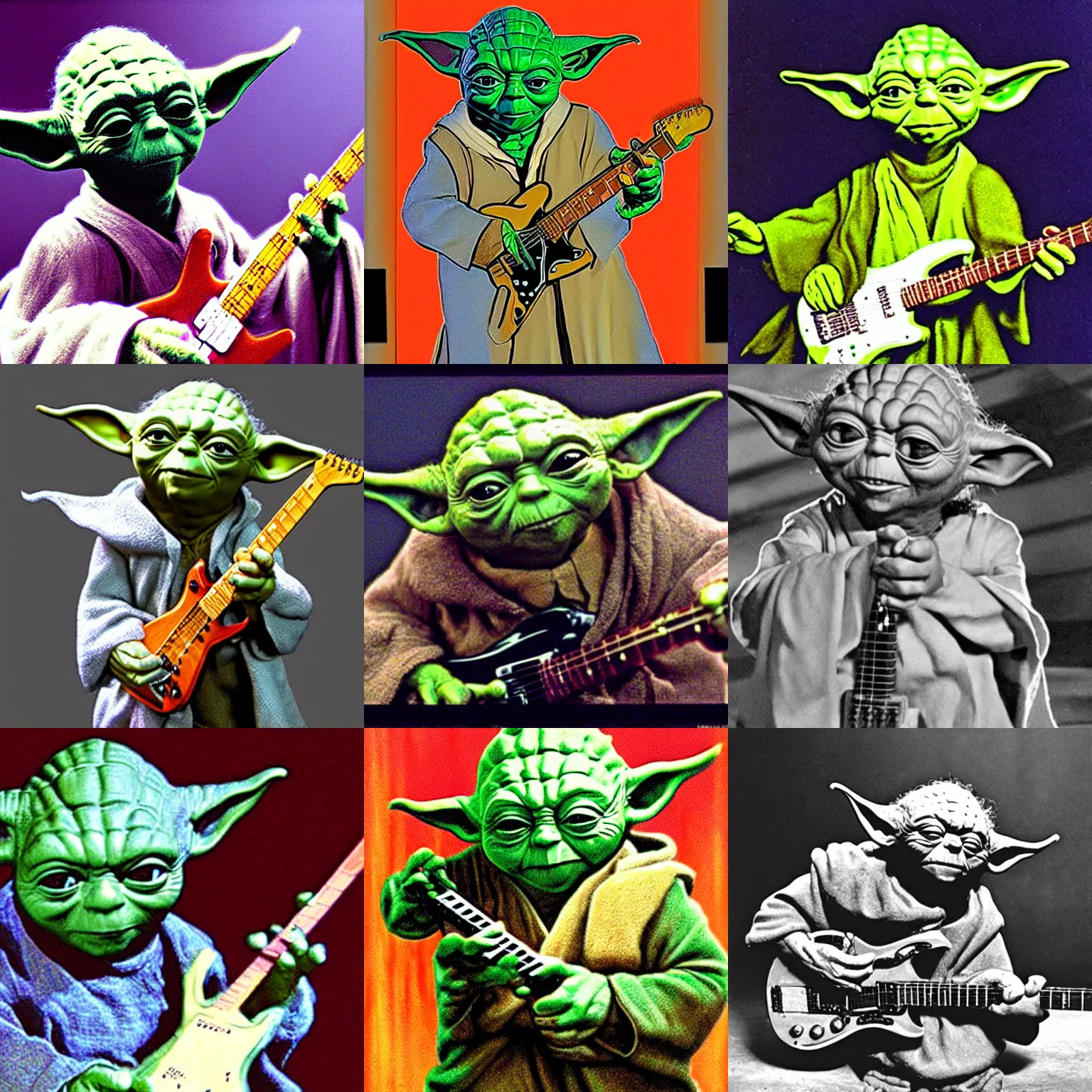 Prompt: yoda playin the electric guitar, photo