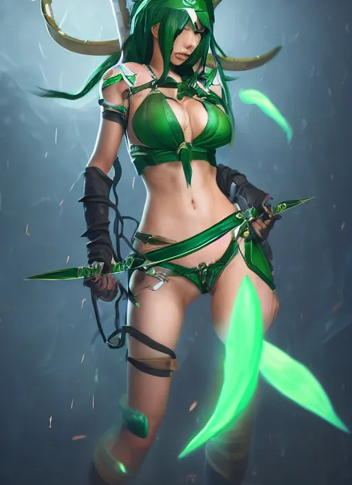 Image similar to dangerous akali, from league of legends, green daggers, nurse costume, hyper detailed, digital art, trending in artstation, cinematic lighting, studio quality, smooth render, unreal engine 5 rendered, octane rendered, art style by klimt and nixeu and ian sprigger and wlop and krenz cushart