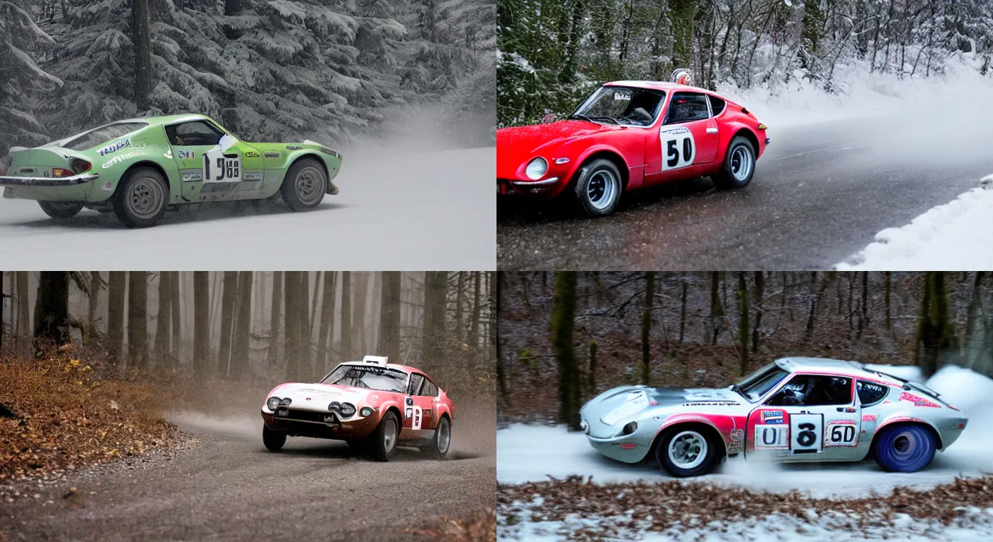 Prompt: a 1 9 6 9 nissan fairlady z 4 3 2, racing through a rally stage in a snowy forest