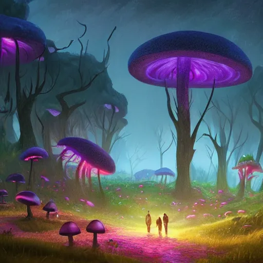 Image similar to concept art painting of a fantasy alien fungal landscape at night, magenta trees, glowing blue mushrooms, village of houses made of mushrooms, dark purple sky, realistic, detailed, cel shaded, in the style of makoto shinkai and greg rutkowski and albert bierstadt and james gurney