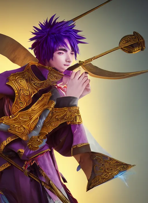 Image similar to An epic fantasy portrait painting of teenager boy with straight indigo hair, purple eyes with red eye markers, slim body, wearing a detailed Japanese kimono with golden armor pieces, holding japanese fan. Unreal 5, DAZ, hyperrealistic, octane render, studio Ufotable, Demon Slayer artstyle, cosplay, RPG portrait, dynamic lighting