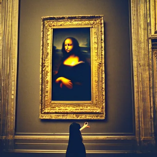 Image similar to shot from a distance, full room view, renaissance, rococo, manga, tonal, young lady, thin, dark hair, wearing flowing long babydoll - dress, flowers!, viewing the mona lisa painting inside the lourve