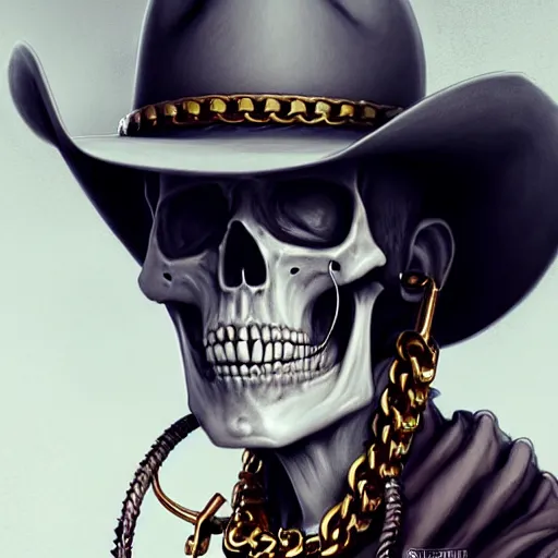 Image similar to a skeleton wearing a cowboy hat and a golden chain around the neck,Character design by charlie bowater, ross tran, artgerm, and makoto shinkai, detailed, inked, western comic book art, 2021 award winning painting,digital art,ultra realistic,ultra detailed,art by greg rutkowski,detailed face,photorealistic,hyperdetailed