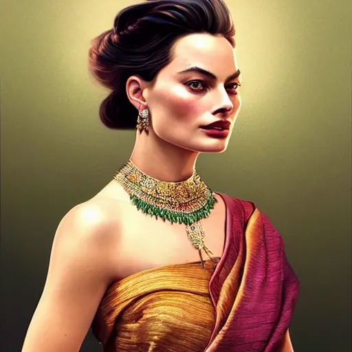 Prompt: beautiful portrait of margot robbie wearing assamese mekhela sleeveless silk saree, fantasy, intricate, elegant, highly detailed, digital painting, artstation, concept art, smooth, sharp focus, luxury fashion illustration, art by artgerm and greg rutkowski and alphonse mucha, brightly lit cinematic soft lighting, photorealistic, assam tea village background