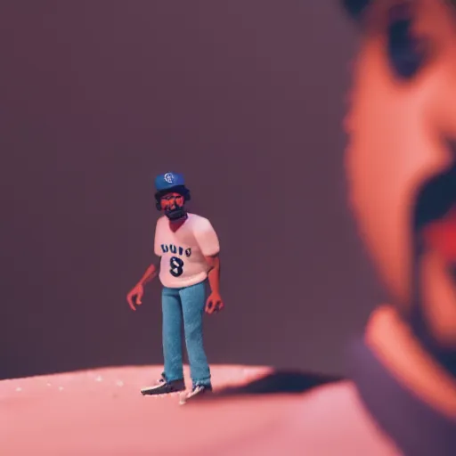 Image similar to a cinematic film still of a claymation stop motion film starring chance the rapper as a college student, shallow depth of field, 8 0 mm, f 1. 8