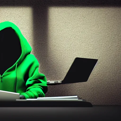 Image similar to a hacker cat, green hoodie accomplished look, dark background, sitting at a laptop, terminal console on screen, shadows, matte painting, bold shapes, hard edges, octane render, unreal engine