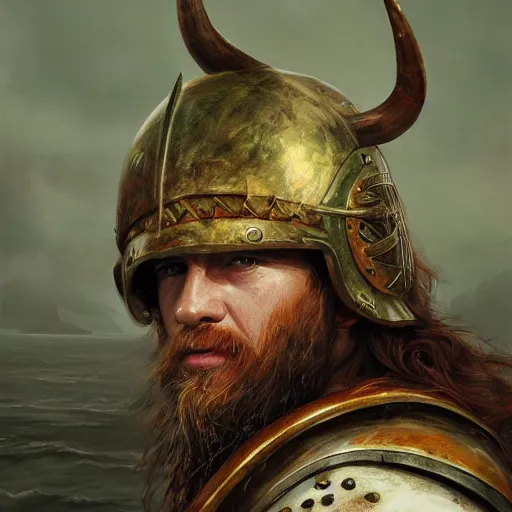 Image similar to photorealistic painting of Viking captain, helmet with horns, red long beard, long dark blonde curly hairs, green eyes Viking armor, background rough sea, elegant, painting, style of ruan jia, trending on artwork station, digital painting, sharp focus