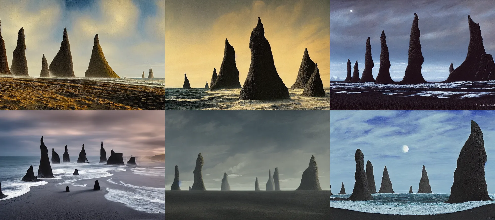 Prompt: reynisfjara black sand in the style of dr. seuss, starships, painting by raphael lacoste