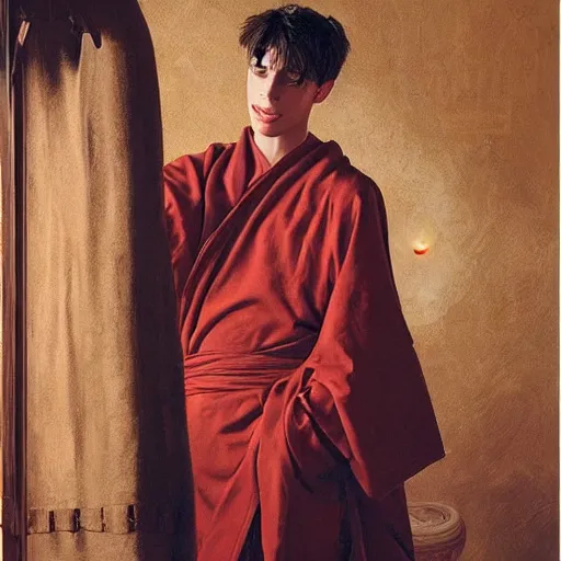 Image similar to attractive kai havertz wearing monk robes holding incense burner. natural lighting by ruan jia, portrait