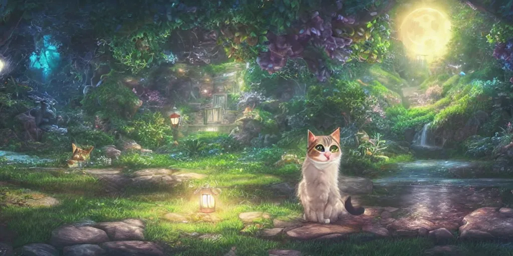 Image similar to final fantasy key visual of a cat, meditating in a magical fantasy garden at night, moonlight, fireflies glowing, lofi feel, magical, highly detailed, digital art, artstation, smooth, hard focus, illustration, art by artgerm - in the style of final fantasy and studio ghibli