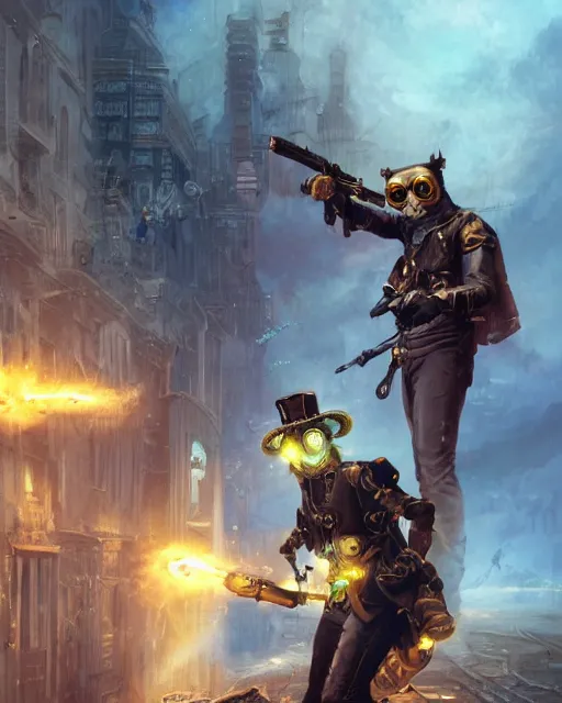 Prompt: oil painting of Anthropomorphized Steampunk Owlman Sniper, holding steampunk gun, sharp focus, exploding golden steampunk city background, full body, heroic pose, fantasy style, octane render, volumetric lighting, 8k high definition, by greg rutkowski, highly detailed, trending on art Station, magic the gathering artwork, centered, dramatic artwork, combat scene