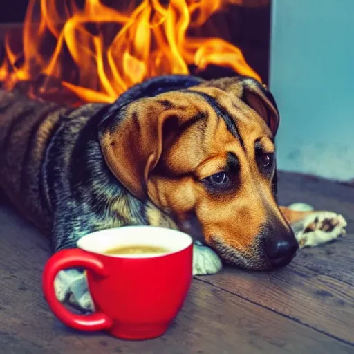 Image similar to a dog with arms drinking a cup of coffee in a burning room, colorful