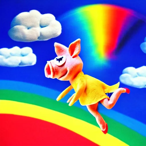 Image similar to studio photograph of a flying pig with wings depicted as a muppet in a blue sky with cotton ball clouds and rainbows