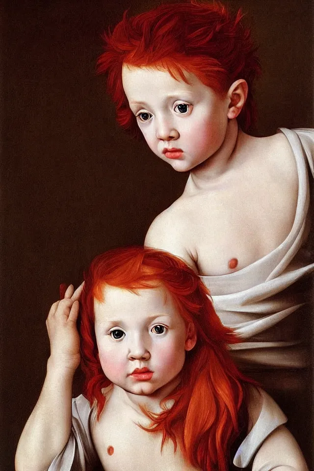 Prompt: hyper realistic portrait of a child from the 16th century with red hair and freckles, Art by Caravaggio