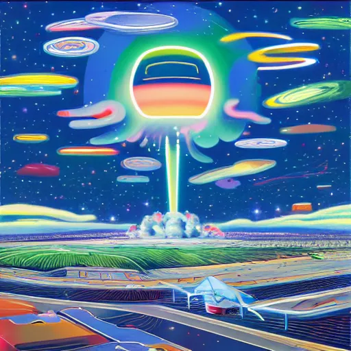 Prompt: a frontal drawing of a tesla rocket center in the image with a dark blue background and colorful clouds with stars by takashi murakami, beeple and james jean, aya takano color style, 8 k, super detailed, night sky, digital art, digital painting, clean