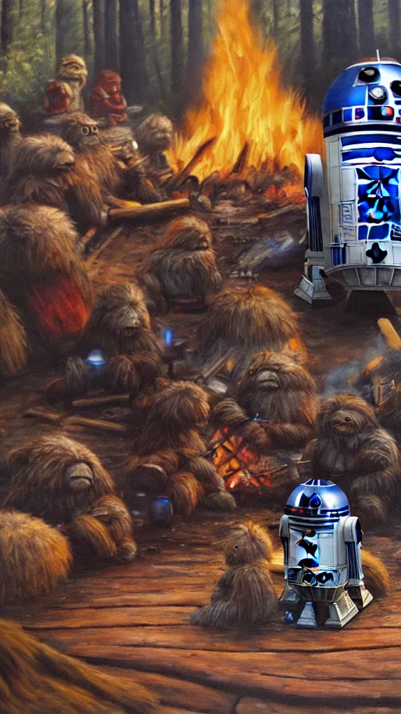 Prompt: an oil painting of r 2 - d 2 sitting by the fire at the ewok encampment, surrounded by ewoks. color harmony, 8 k detail, gallery quality, hd wallpaper, premium prints available, hyper - detailed, intricate design.