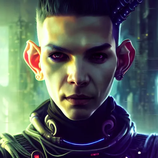 Image similar to portrait painting of a cyberpunk elf mercenary bill kaulitz, ultra realistic, concept art, intricate details, eerie, highly detailed, photorealistic, octane render, 8 k, unreal engine. art by artgerm and greg rutkowski and charlie bowater and magali villeneuve and alphonse mucha