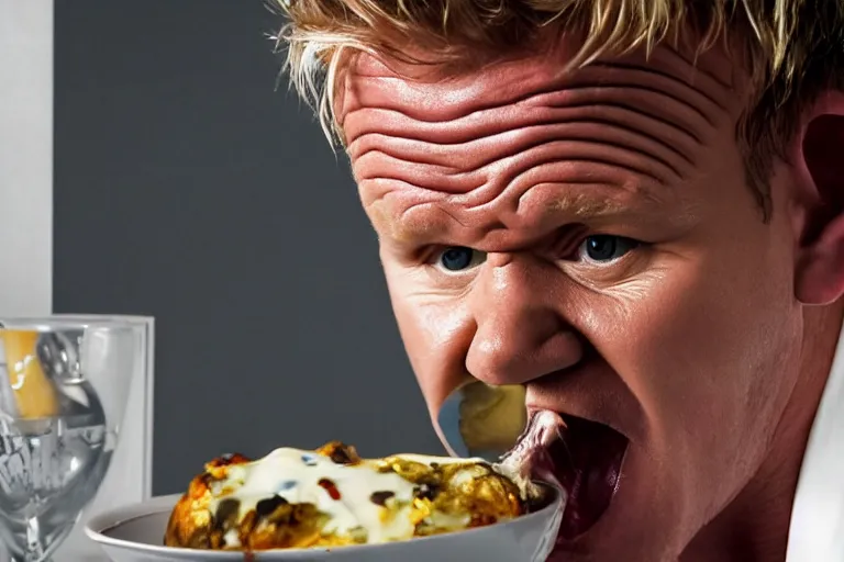 Prompt: closeup potrait of gordon ramsay vomiting on the set of masterchef, screen light, sharp, detailed face, spewing vomit, magazine, press, photo, Steve McCurry, David Lazar, Canon, Nikon, focus