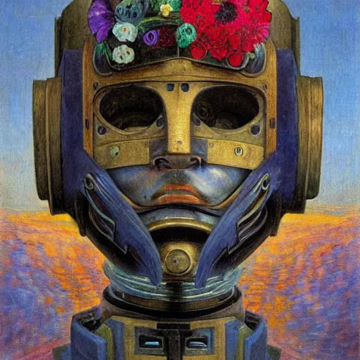 Prompt: masterpiece painting of the head of a robot wearing a mask made of flowers, by annie swynnerton and diego rivera and jean delville, flower mask, symbolist, dramatic lighting, god rays, elaborate geometric ornament, art brut, soft cool colors, smooth, sharp focus, extremely detailed, adolf wolfli