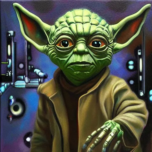 Prompt: a realistic oil painting of yoda as a cybernetic cyborg, surrealism portrait, surrealism album cover