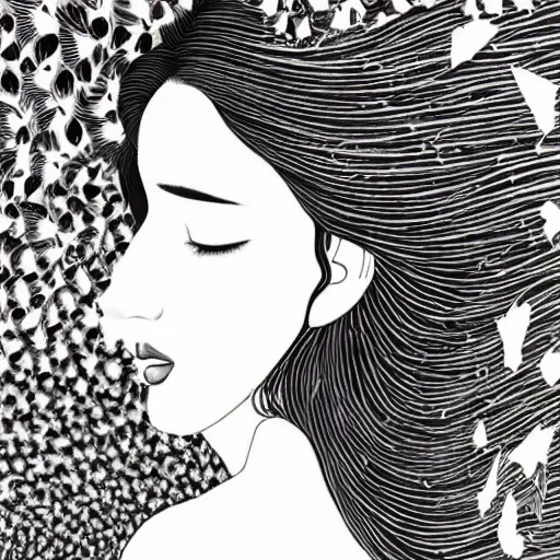 Prompt: portrait of a woman with murmuration of birds flowing from her hair, photorealistic, side profile, by audrey kawasaki and yoshitaka amano and georgia okeeffe, moody lighting, black and white illustration, sharp, detailed