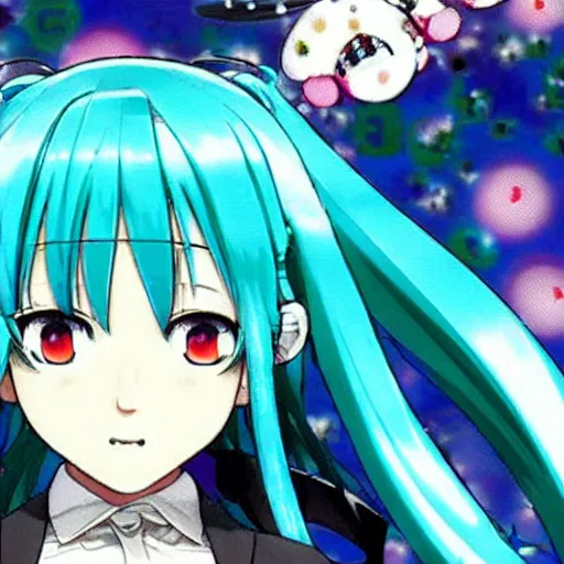 Prompt: Hatsune Miku looking at a sales chart and is furious over poor sales of her latest single, anime, by Katsuhiro Otomo, highly detailed