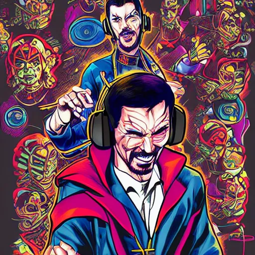 Image similar to artgerm, psychedelic laughing cybertronic dr. strange, rocking out, headphones dj rave, digital artwork, r. crumb, svg vector