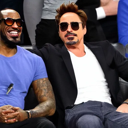 Prompt: robert downey jr. comes to nba to watch lebron james