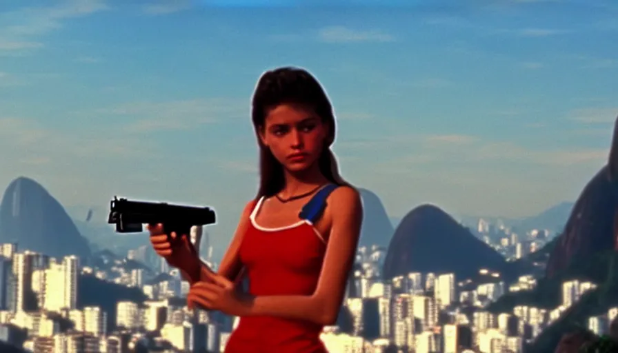 Image similar to 1 9 8 6 movie screencap of a girl with a gun on a rio de janeiro, gucci clothes, sparkes sky, beautiful favela background extremely utra high quality artwork 8 k