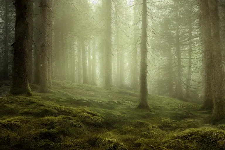 Image similar to dense woodland landscape, English forest, Irish forest, scottish forest, perspective, folklore,King Arthur, Lord of the Rings, Game of Thrones. ultra photoreal , photographic, concept art, cinematic lighting, cinematic composition, rule of thirds , mysterious, eerie, cinematic lighting, ultra-detailed, ultrarealistic, photorealism, 8k, octane render, Albert Bierstadt