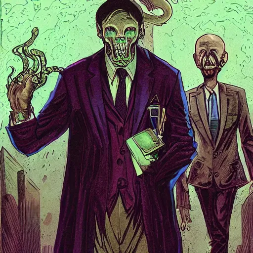 Image similar to Cthulhu as a modern day business man with a family and a drug and gambling addiction, necronomicon is the family Bible , Junji Ito and Greg rutkowski, psychedelic , 50s style infomercial , award winning , retro futuristic