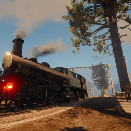 Image similar to futuristic sleek steam locomotive in red dead redemption 2