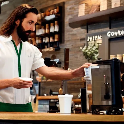 Prompt: jesus working at starbucks behind the counter