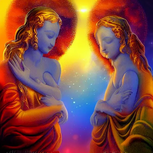 Image similar to Two celestial Angels ,warm colours celestial, divine,detailed, Digital art