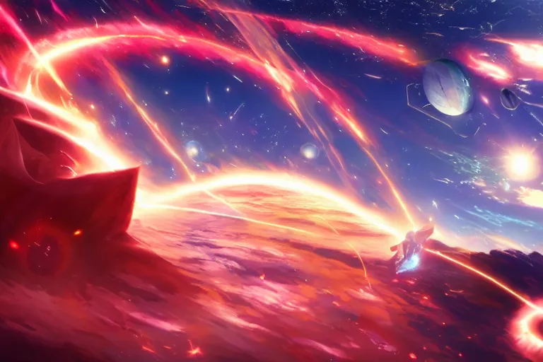 Prompt: Tonemapped Anime character splitting a gas giant in half like parting the Red Sea, with pack of Space Whales fly through an interdimensional rift! in background by (Hiromu Arakawa), Makoto Shinkai and (Cain Kuga)