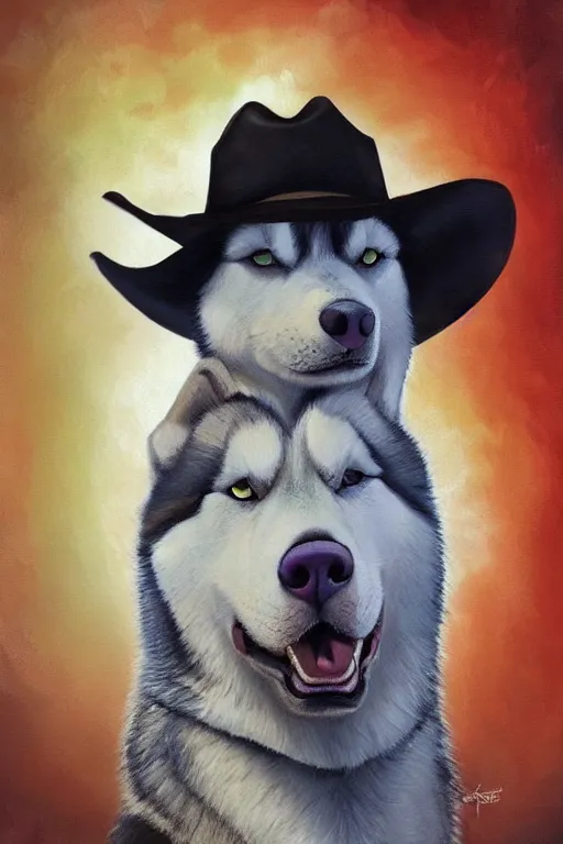 Prompt: a portrait painting of a husky in cowboy costume, wearing a cowboy hat, in the style of anime, [ western film ], [ red dead ], trending on artstation